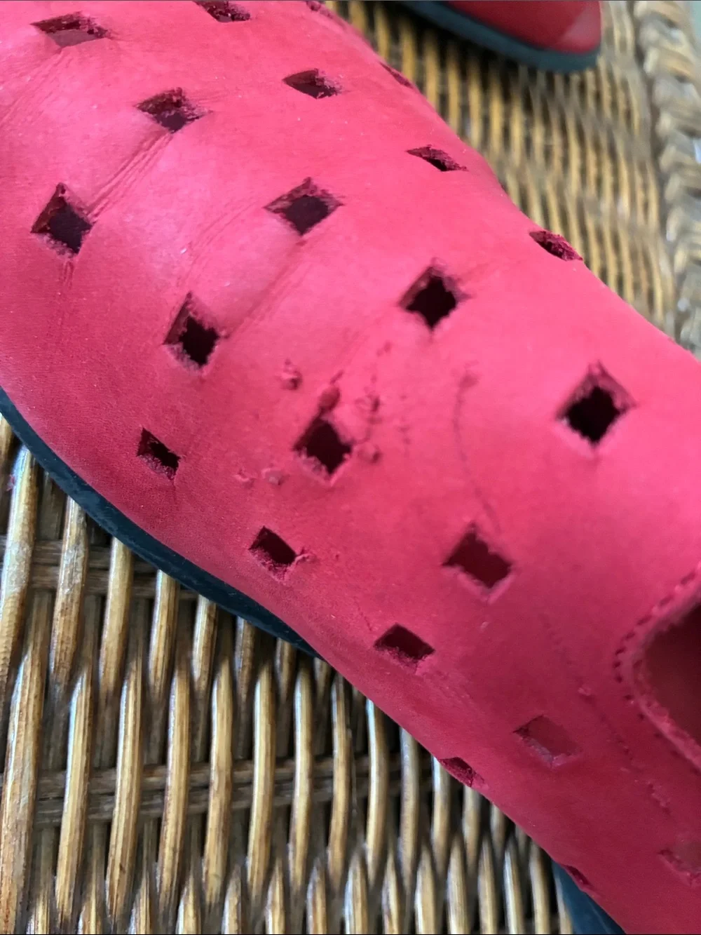 Sesto Meucci Red Perforated Suede open-toed shoes. Zipper in back at heel